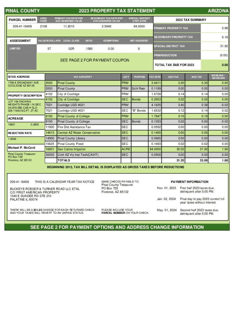 Fillable Online PINAL COUNTY 2023 PROPERTY TAX STATEMENT ARIZONA