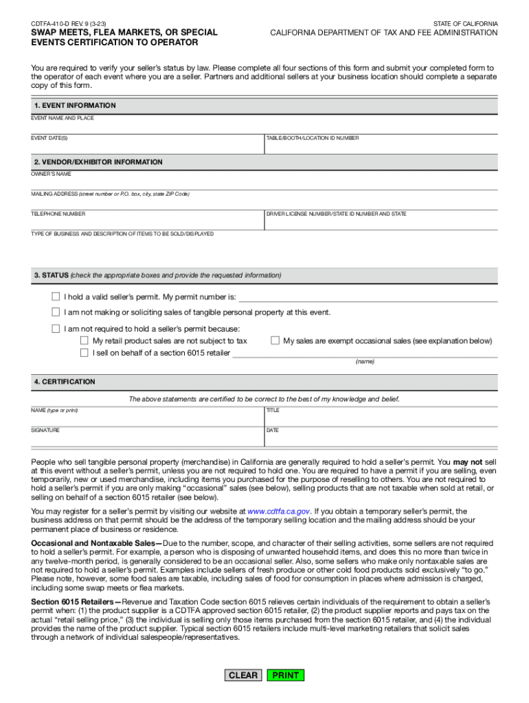Fillable Online CDTFA410D, Swap Meets, Flea Markets, or Special