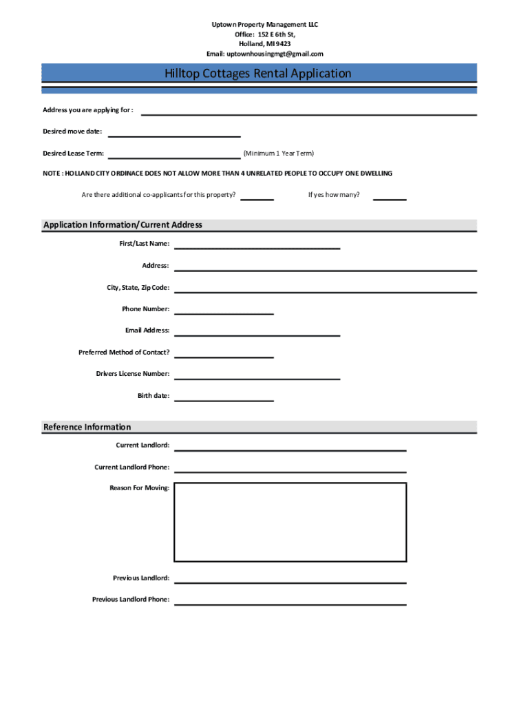 Fillable Online Hilltop Cottages Rental Application Fax Email Print ...