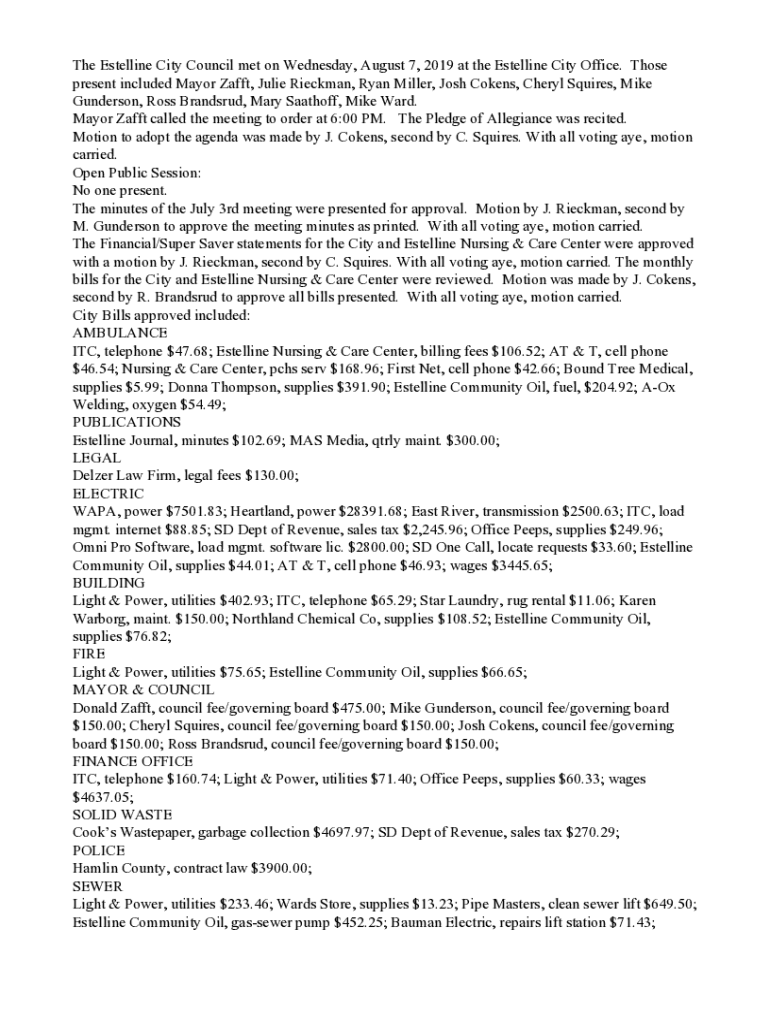 Fillable Online The Estelline City Council met on Wednesday, August 7