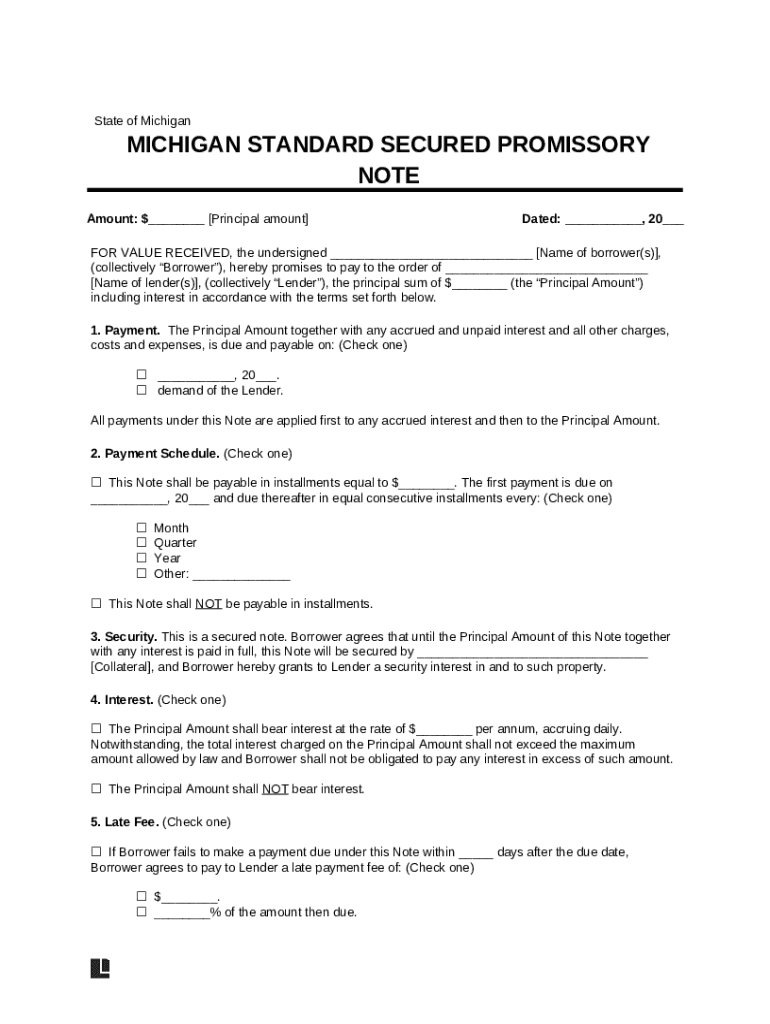 MICHIGAN STANDARD SECURED PROMISSORY NOTE Doc Template pdfFiller