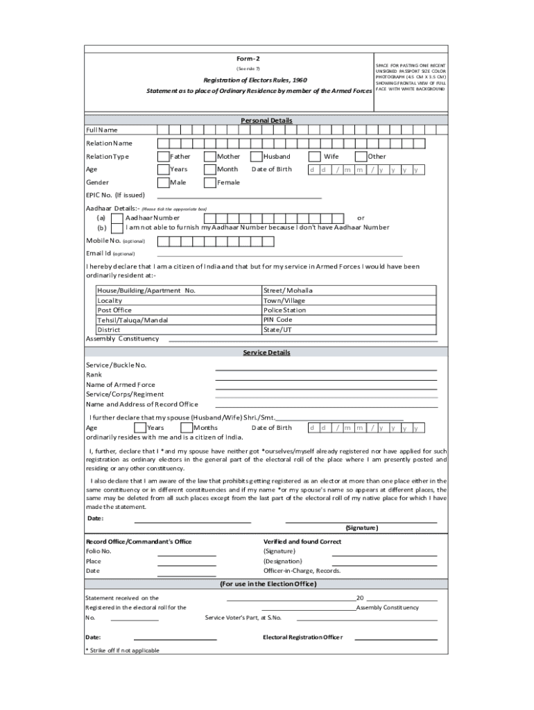 Fillable Online Form 2 Registration Of Electors Rules 1960 Statement 