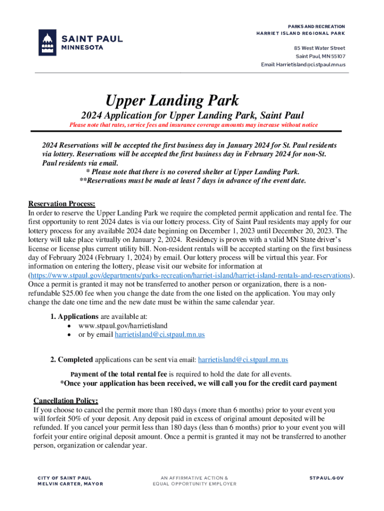 Fillable Online 2024 Application for Upper Landing Park, Saint Paul Fax