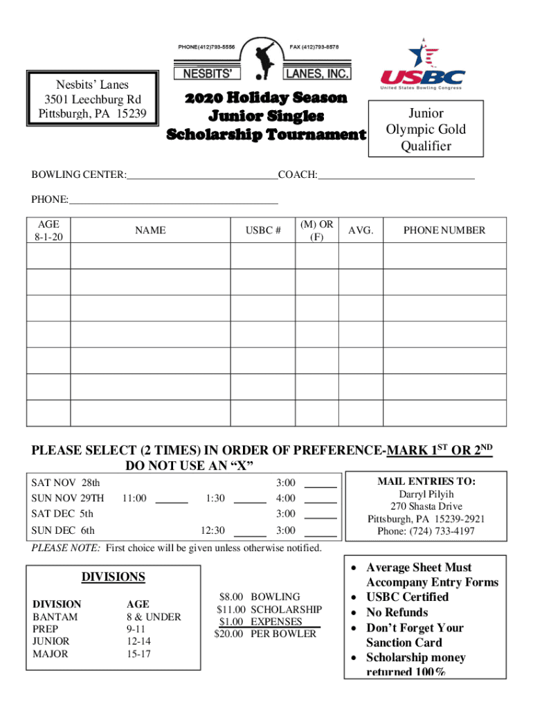 Fillable Online Nesbit's Lanes Youth Holiday Tournament Fax Email Print pdfFiller