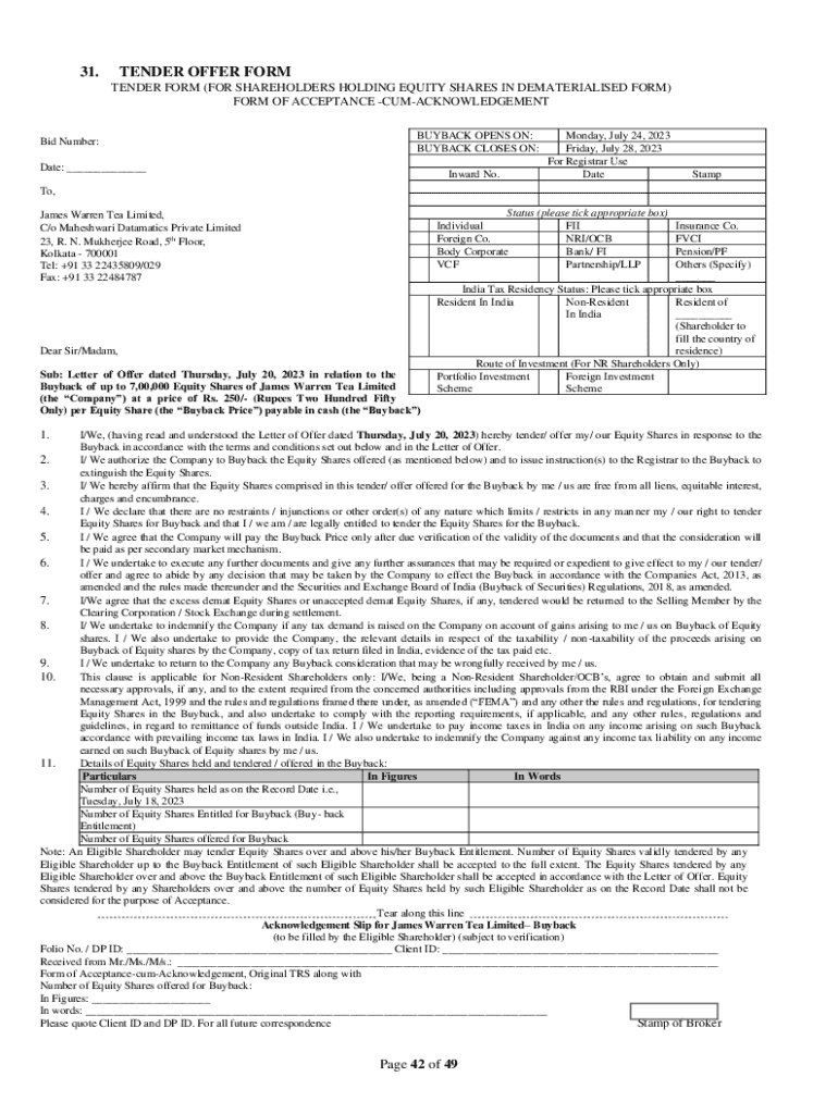 Fillable Online tender form for eligible shareholders holding demat