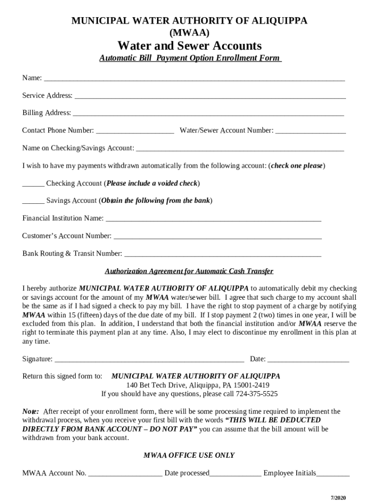 Municipal Water Authority Aliquippa (PA)Pay Your Bill Doc Template pdfFiller