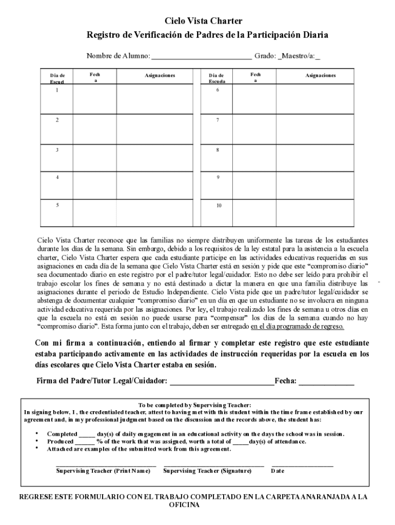 Completable En línea Cielo Vista Charter Registro de Verificacin de
