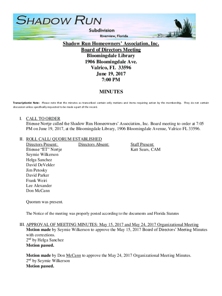 Fillable Online Shadow Run Homeowners' Association, Inc. Board of
