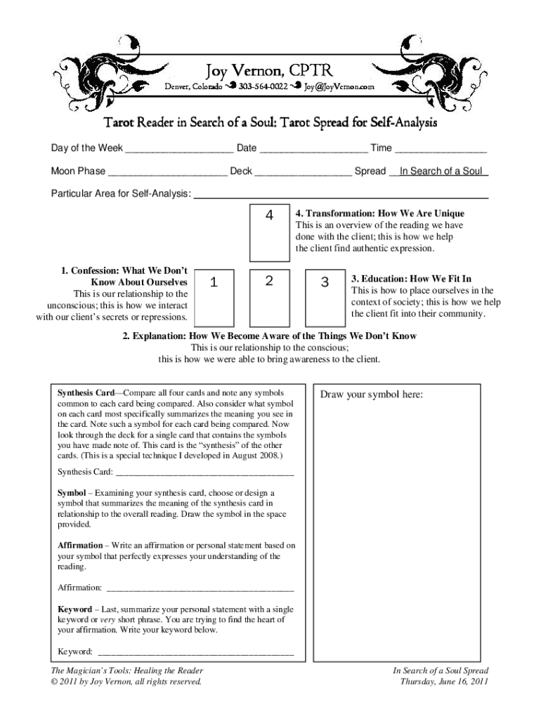 Fillable Online Tarot Reader in Search of a Soul: Tarot Spread for Self ...