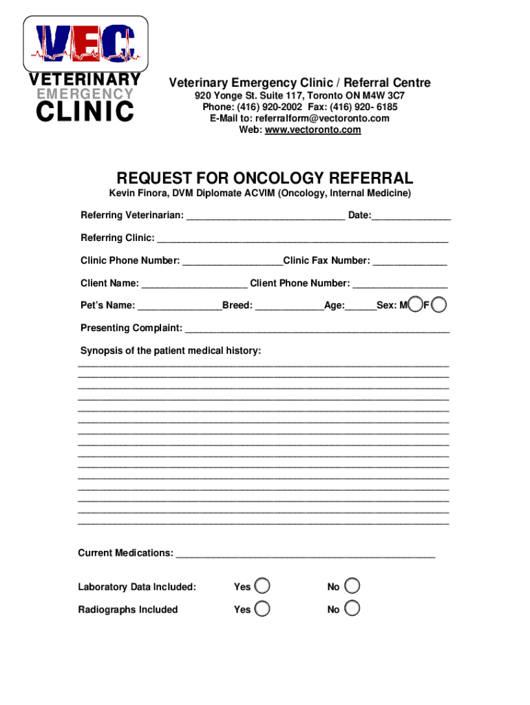 Fillable Online Veterinary Emergency ClinicVEC SOUTH 920 Yonge St