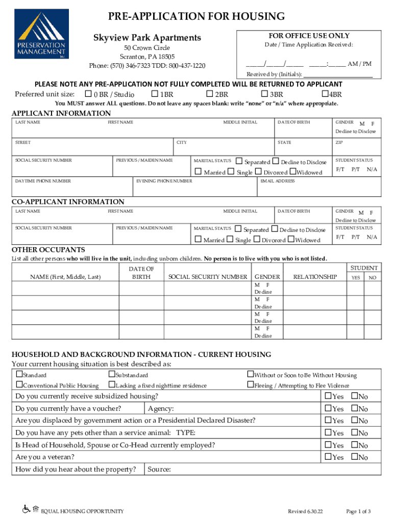 Fillable Online Skyview Park Apartments 50 Crown Circle Scranton, PA