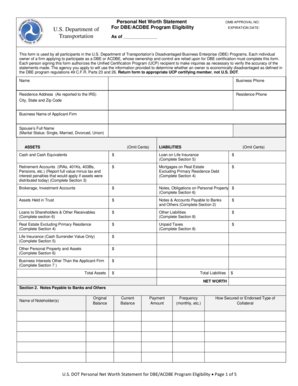 US DOT Personal Net Worth Statement for DBE/ACDBE Program Eligibility