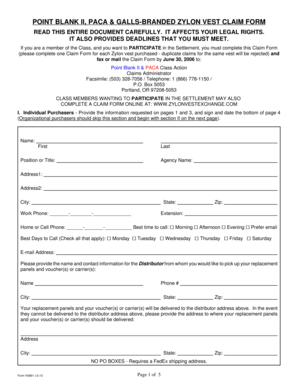 Zylon Vest Claim Form
