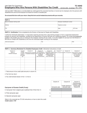 Utah Employers Disability Tax Credit Form TC-40HD