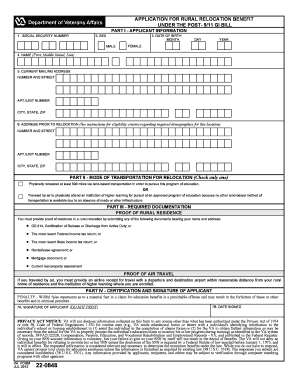 VA Form 22-0848 Rural Relocation Benefit Application