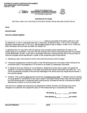 Connecticut VIN Etching and Component Parts Marking Certificate