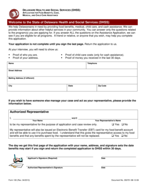 Delaware Application for Food Benefits Cash Medical and Child Care Assistance