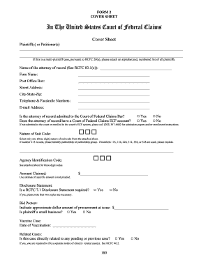 US Federal Claims Court Cover Sheet