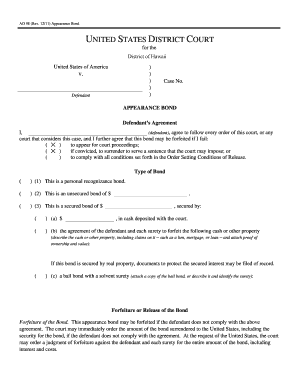 US Federal Appearance Bond Form AO 98