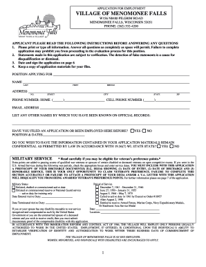 Village of Menomonee Falls Employment Application