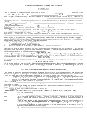 Cremation Authorization and Order for Disposition