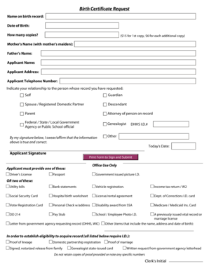 Birth Certificate Request Form