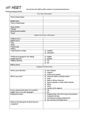 HiSET Profile Creation Form for Correctional Institutions