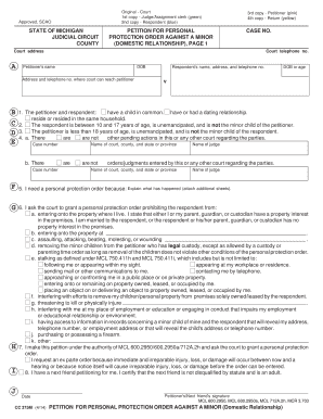 Michigan Petition for Personal Protection Order Against a Minor