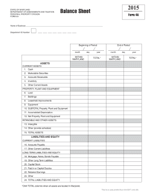 Maryland Business Balance Sheet Form 4A