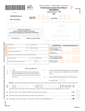 Hawaii Individual Income Tax Return Form N-11