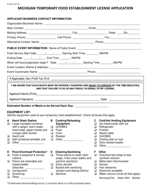 Michigan Temporary Food Establishment License Application
