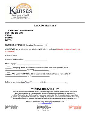 Fax Cover Sheet for Medical Restrictions