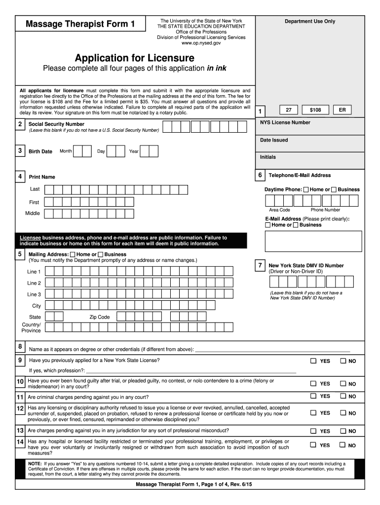 Fillable Online op nysed Massage Therapy Form 1 Application for