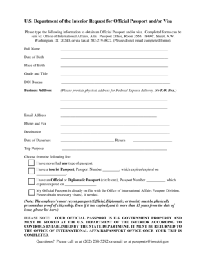 US Department of Interior Official Passport Request