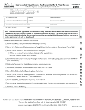 Nebraska Individual Income Tax Transmittal for E-Filed Returns