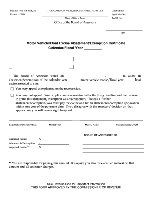 Massachusetts Motor Vehicle/Boat Excise Abatement/Exemption Certificate