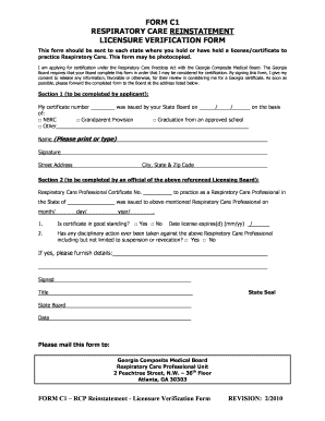 Respiratory Care Reinstatement Licensure Verification Form