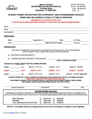 Vermont Overweight and Overdimension Vehicle Blanket Permit