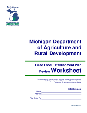 Michigan Food Establishment Plan Review Worksheet