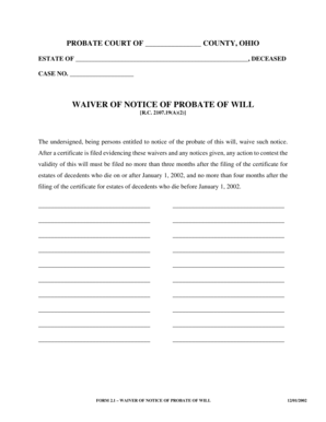 Ohio Waiver of Notice of Probate of Will