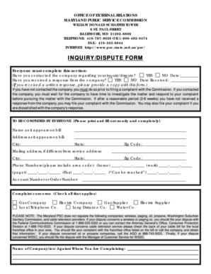 Maryland PSC Inquiry/Dispute Form