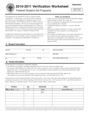 2010-2011 Verification Worksheet Dependent