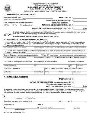 Ohio Unclaimed Motor Vehicle Affidavit