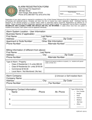 East Orange Alarm Registration Form