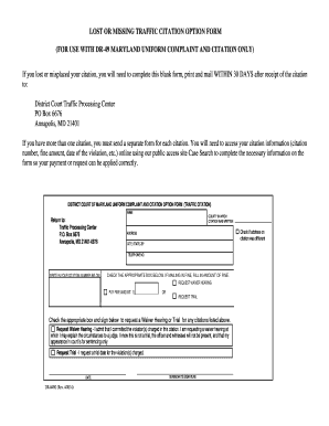 Lost or Missing Traffic Citation Option Form