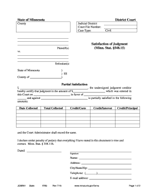 Minnesota Satisfaction of Judgment Form
