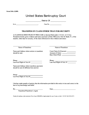 US Bankruptcy Court Transfer of Claim Form
