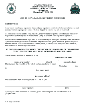 Vermont Lost Registration Certificate Transfer Form