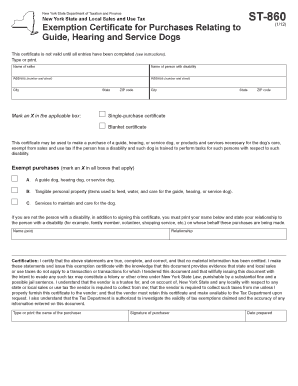 New York State Sales Tax Exemption Certificate for Guide, Hearing, and Service Dogs
