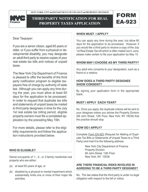 New York City Real Estate Tax Bill Third Party Notification Form EA-923